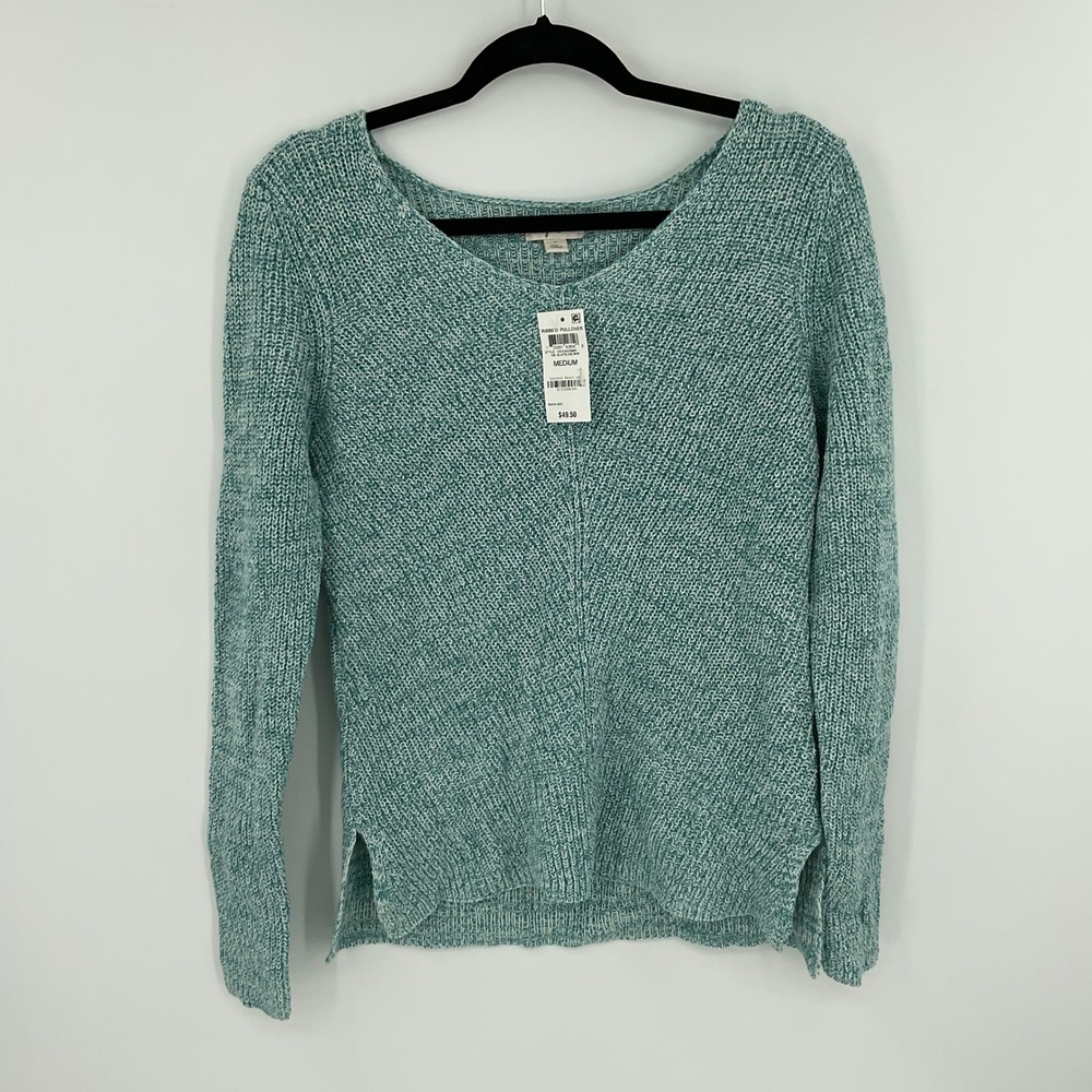 Style & Co Ribbed Pullover Sweater Teal White Marled Knit V‎ Neck Long Sleeve M